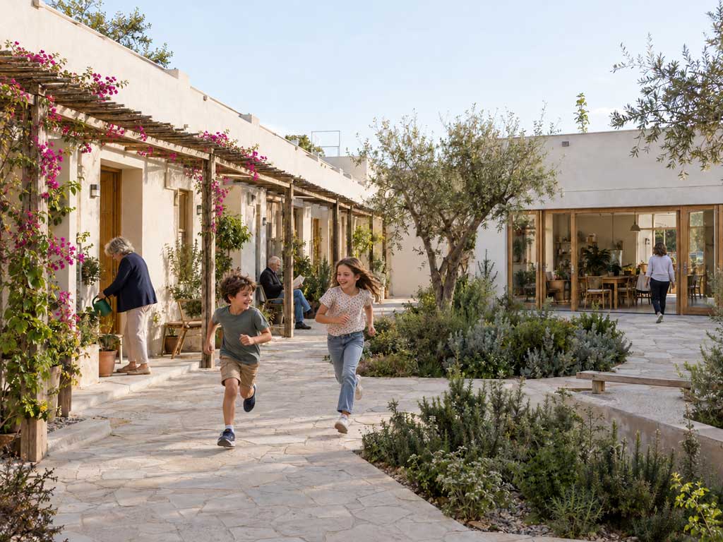 Imagen ilustrativa de un patio comunitario entre viviendas bajas, con pérgola, olivo, plantas aromáticas y una sala común acristalada al fondo